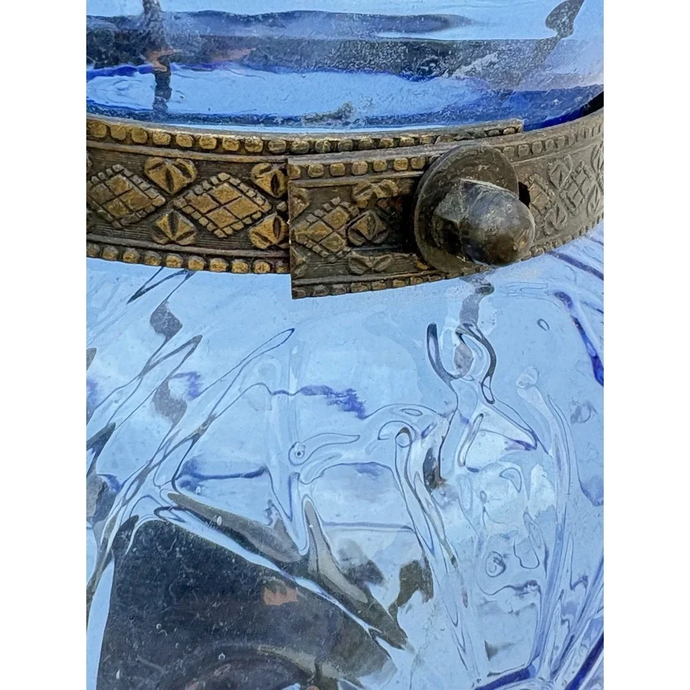 Antique hanging Blue Glass Bell Jar Candle Lantern ~ Pendant Bell